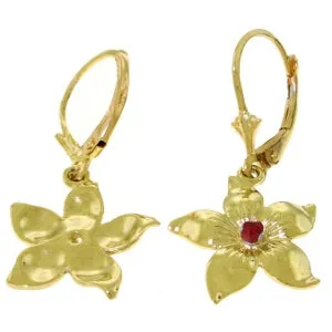 0.2 Carat 14K Solid Yellow Gold Leverback Flowers Earrings Ruby