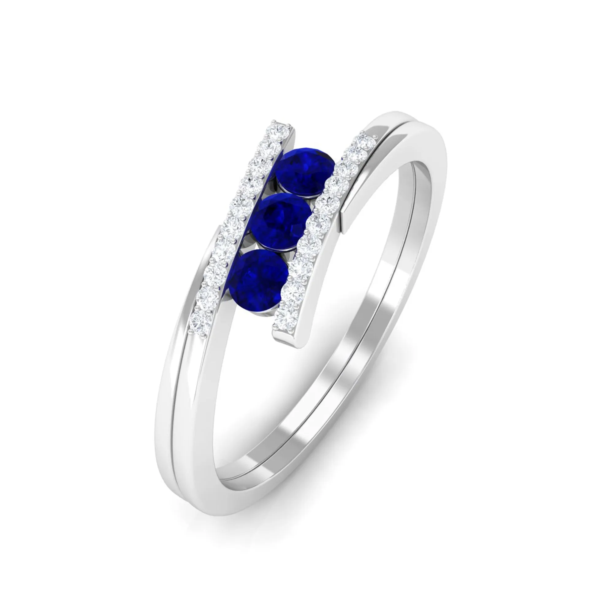 0.50 CT Blue Sapphire Three Stone Bypass Ring with Diamond Accent