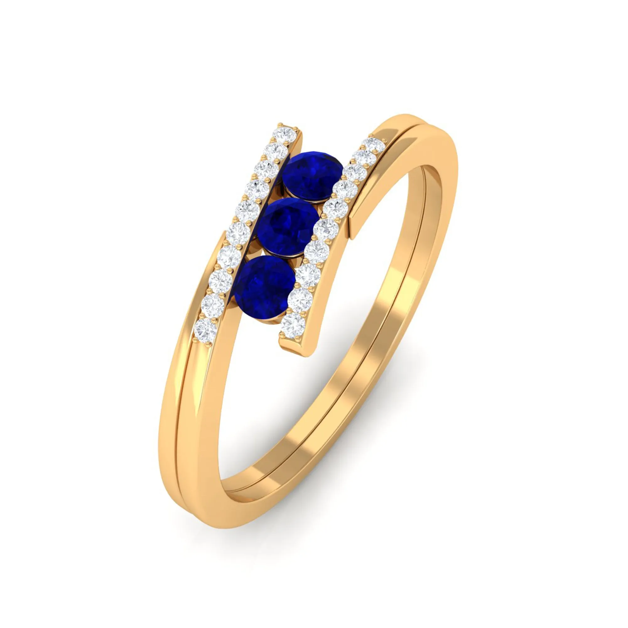 0.50 CT Blue Sapphire Three Stone Bypass Ring with Diamond Accent