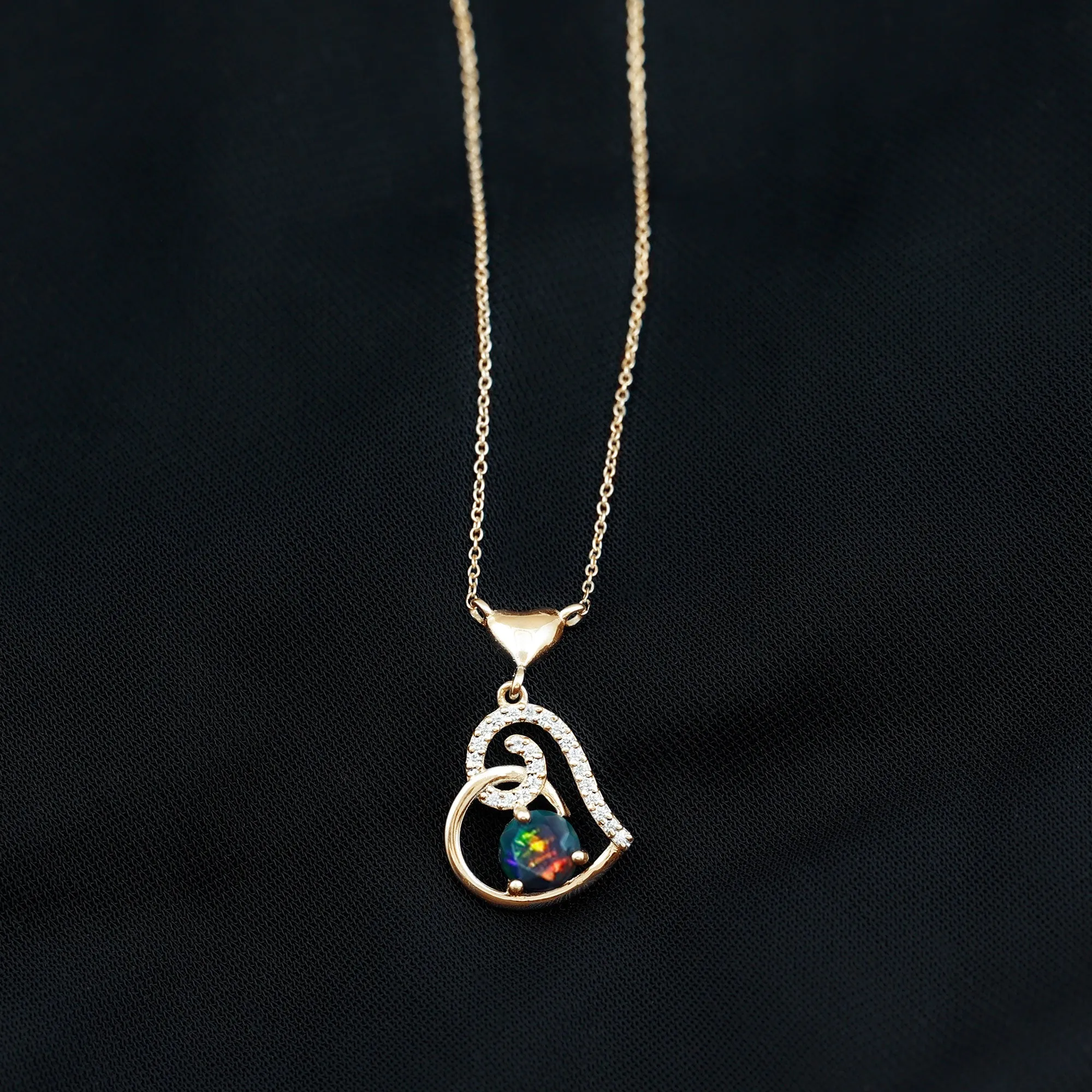 1 CT Black Opal and Moissanite Gold Heart Drop Pendant