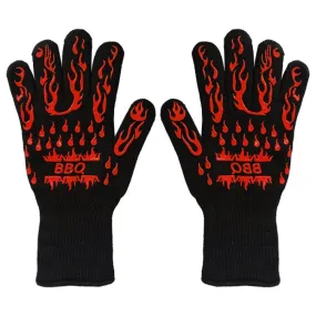 1 Pair High Temperature Resistant Silicone BBQ Gloves  Anti-Scalding Gloves(BBQ Flame Red)