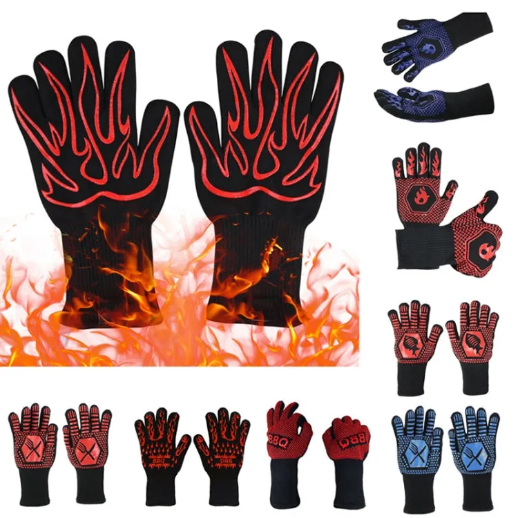 1 Pair High Temperature Resistant Silicone BBQ Gloves  Anti-Scalding Gloves(BBQ Flame Red)