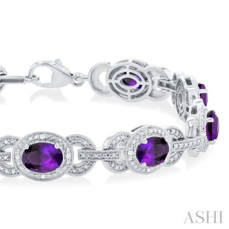 1/10 ctw Oval Shape 7x5 MM Amethyst and Round Cut Diamond Semi Precious Bracelet in Sterling Silver