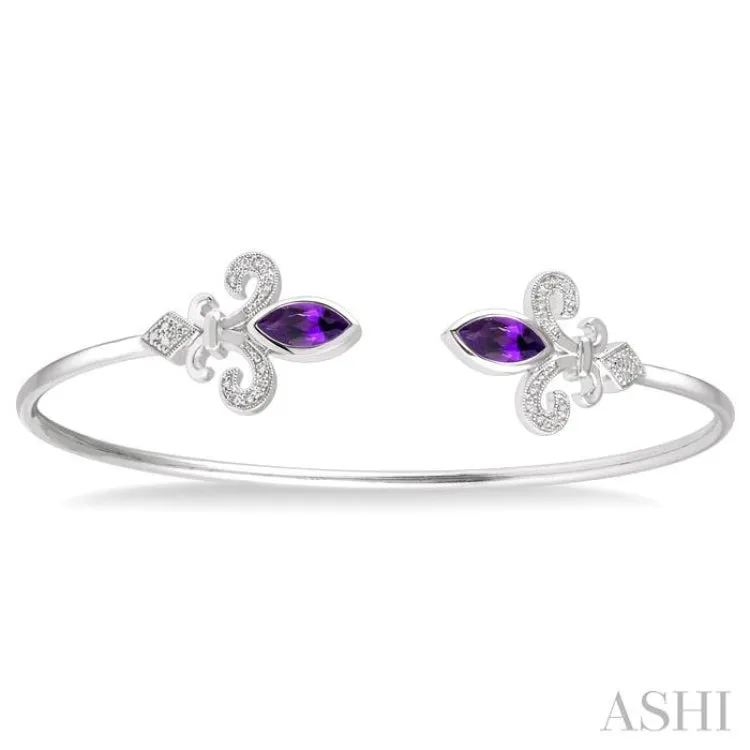 1/20 ctw Marquise Shape 8x4mm Amethyst & Round Cut Diamond Fleur De Lis Flexi Bangle in Sterling Silver