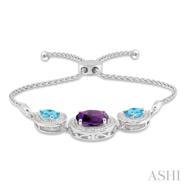 1/20 Ctw Oval 10x8mm Amethyst & Pear Shape 7x5mm Blue Topaz Round Diamond 3Stone Sterling Silver Lariat Bracelet