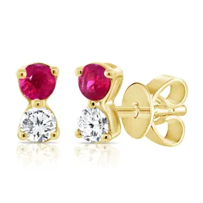 14K Gold Diamond & Ruby Tiny Stud Earrings