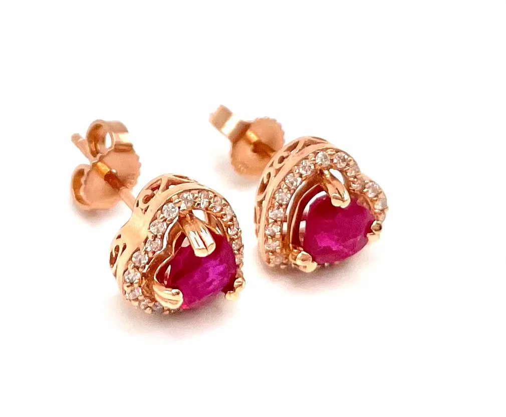 14k Rose Gold Natural Heart Shape Ruby Earrings With Diamond Halo