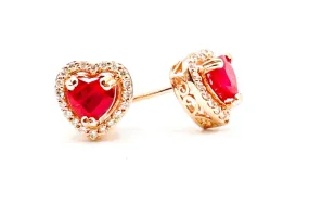 14k Rose Gold Natural Heart Shape Ruby Earrings With Diamond Halo