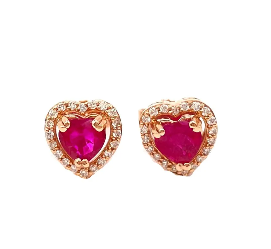 14k Rose Gold Natural Heart Shape Ruby Earrings With Diamond Halo