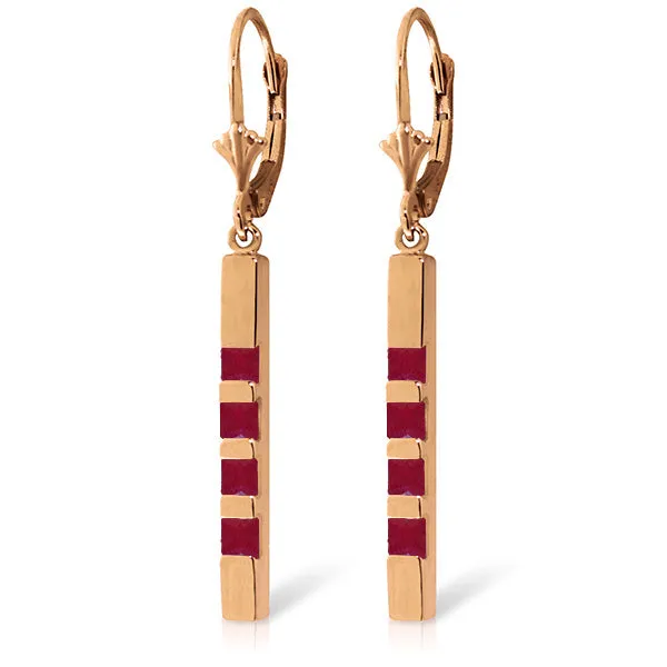 14K Solid Rose Gold Leverback Earrings Bar w/ Natural Rubies