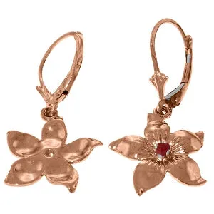 14K Solid Rose Gold Leverback Flowers Earrings w/ Rubies