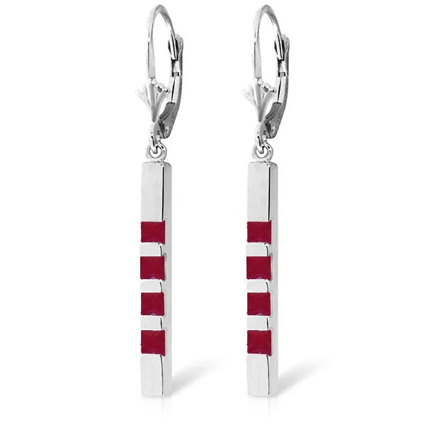 14K Solid White Gold Leverback Earrings Bar w/ Natural Rubies