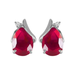 14K Solid White Gold Studs Earrings Natural Diamond & Ruby Gemstone