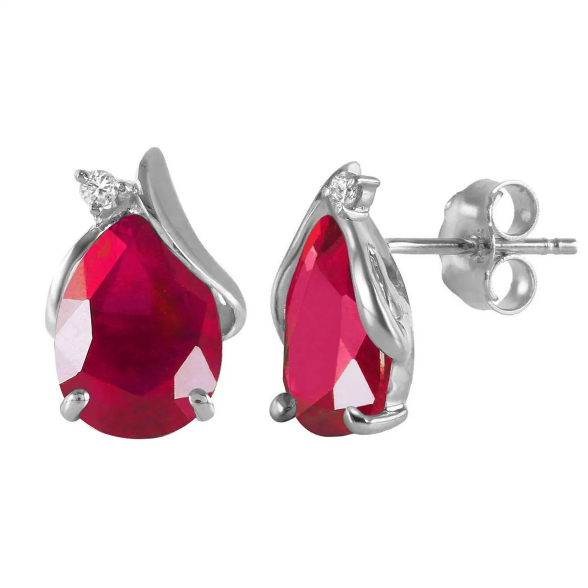 14K Solid White Gold Studs Earrings Natural Diamond & Ruby Gemstone