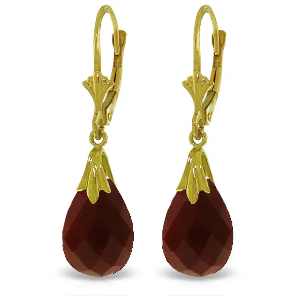 14K Solid Yellow Gold Leverback Earrings w/ Dyed Rubies