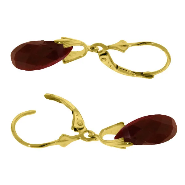 14K Solid Yellow Gold Leverback Earrings w/ Dyed Rubies