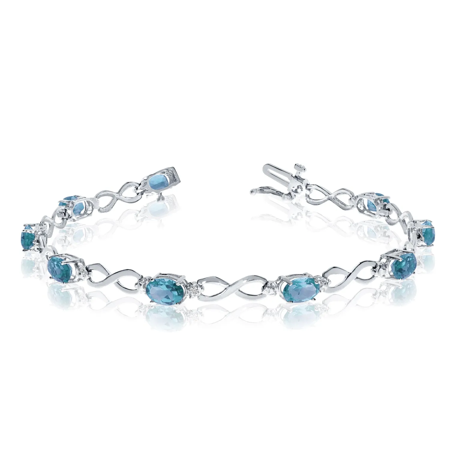 14K White Gold Oval Blue Topaz Stones And Diamonds Infinity Tennis Bracelet, 7"