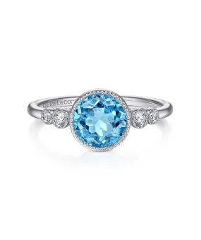 14K White Gold Round Bezel Set Blue Topaz and Diamond Ring