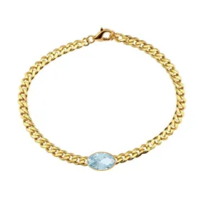 14K Yellow Gold Bezel Oval Cut Blue Topaz Cuban Chain Bracelet