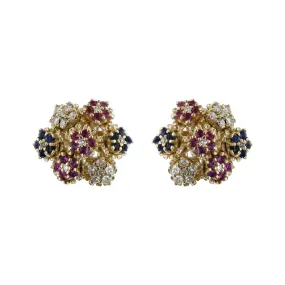 14K Yellow Gold Ruby, Sapphire and Diamond Cluster Earrings