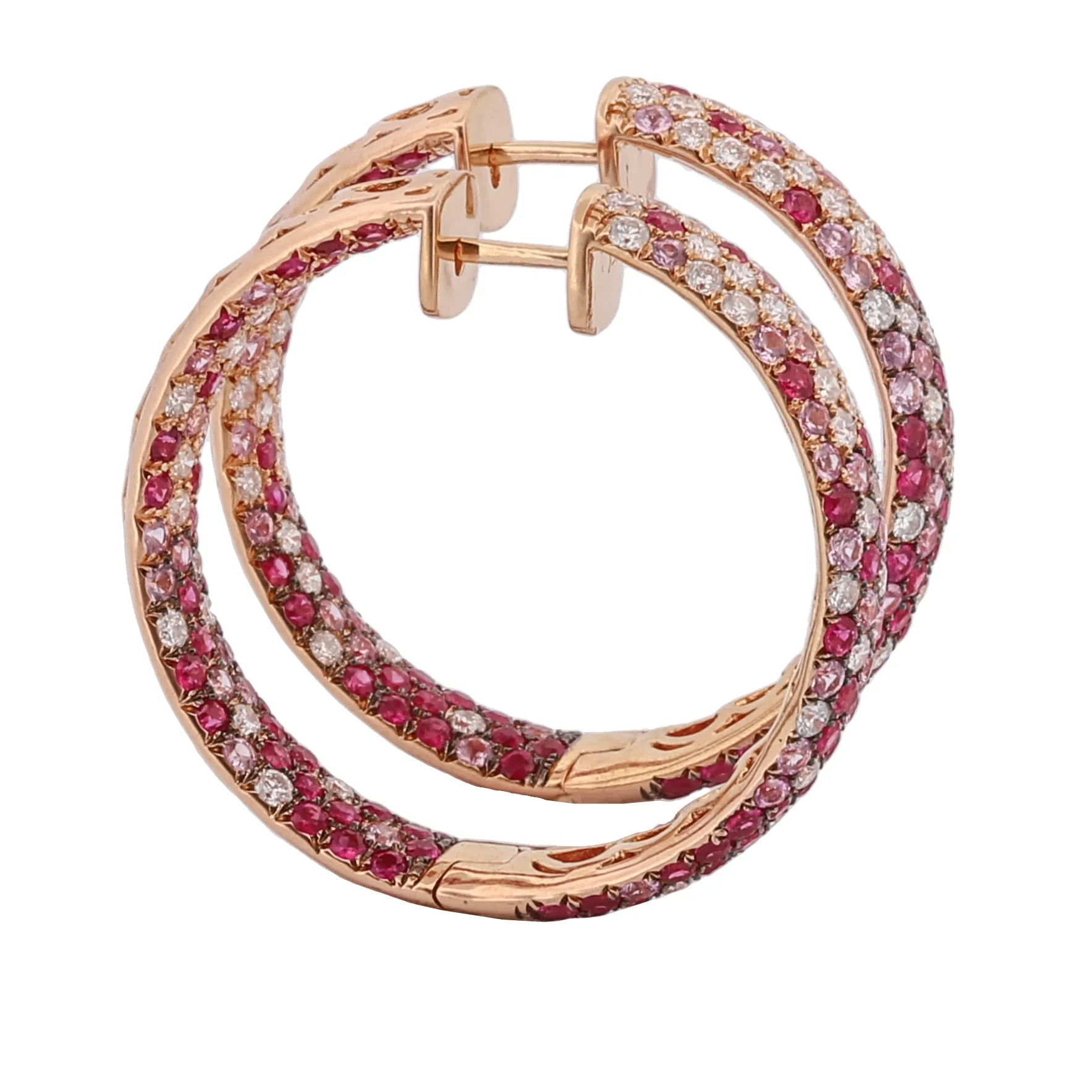 18k Rose Gold Hoop Earrings Inside-Out Diamond Pink Sapphire Ruby