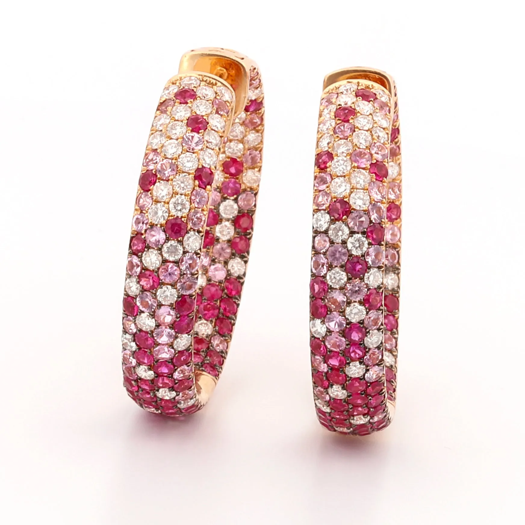 18k Rose Gold Hoop Earrings Inside-Out Diamond Pink Sapphire Ruby