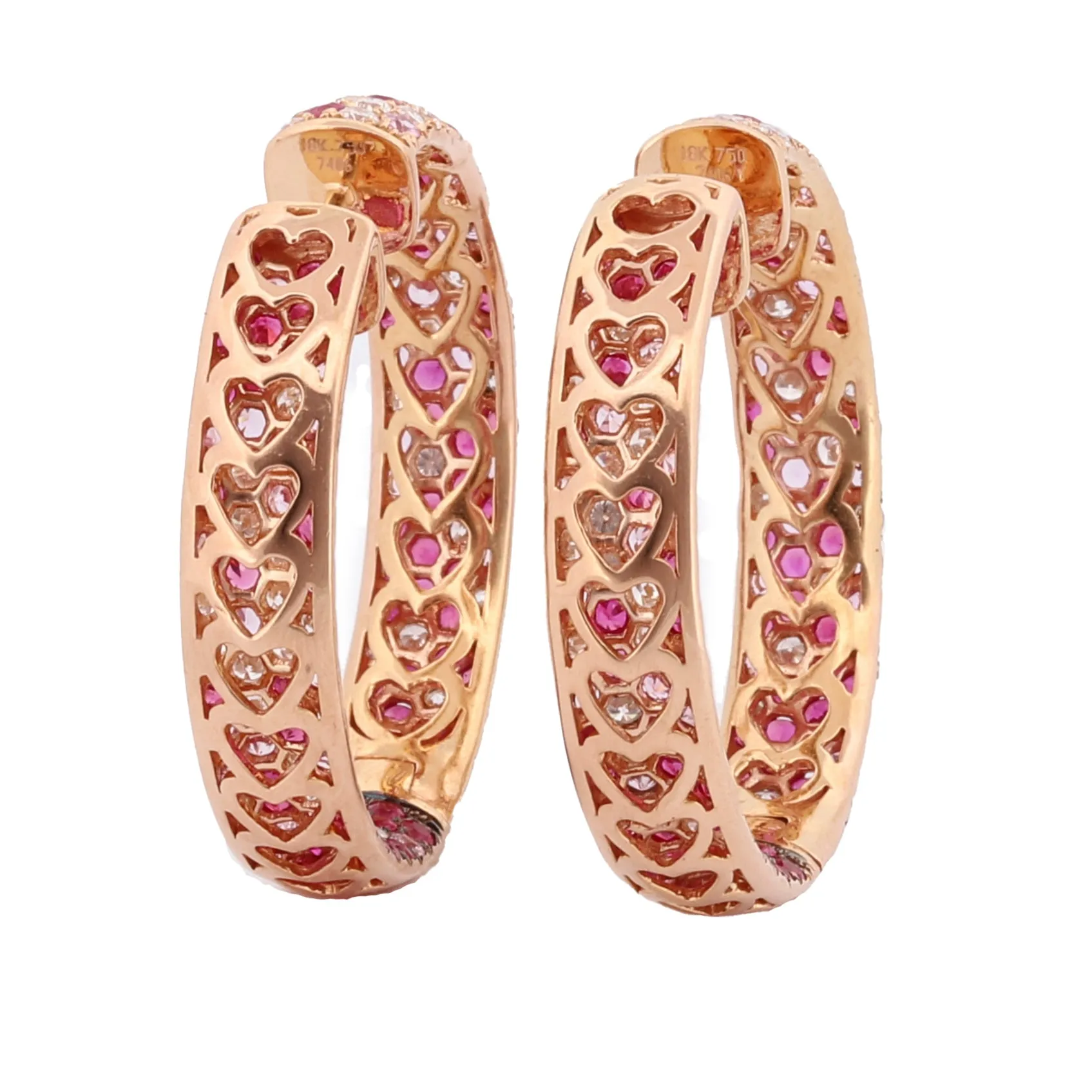 18k Rose Gold Hoop Earrings Inside-Out Diamond Pink Sapphire Ruby