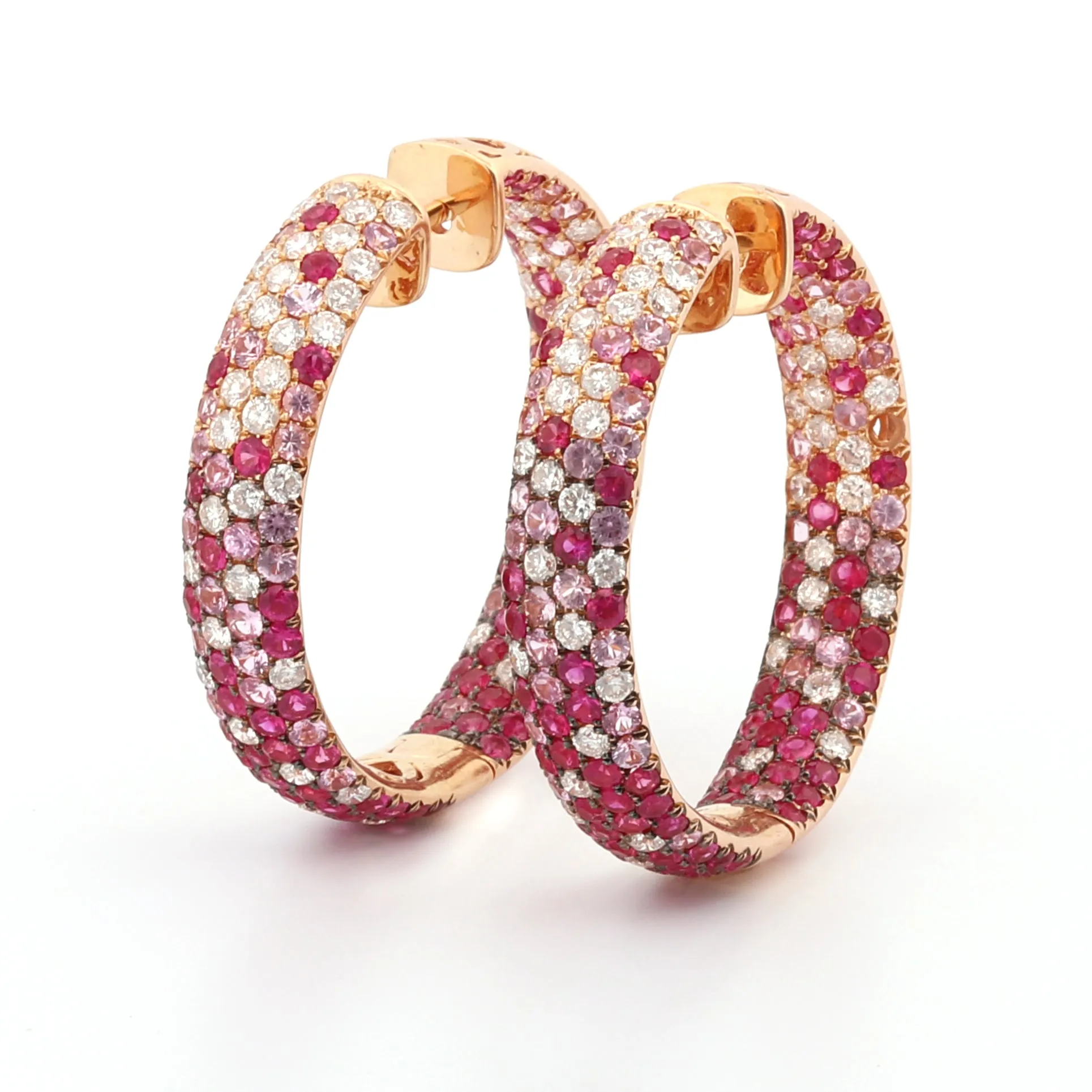 18k Rose Gold Hoop Earrings Inside-Out Diamond Pink Sapphire Ruby