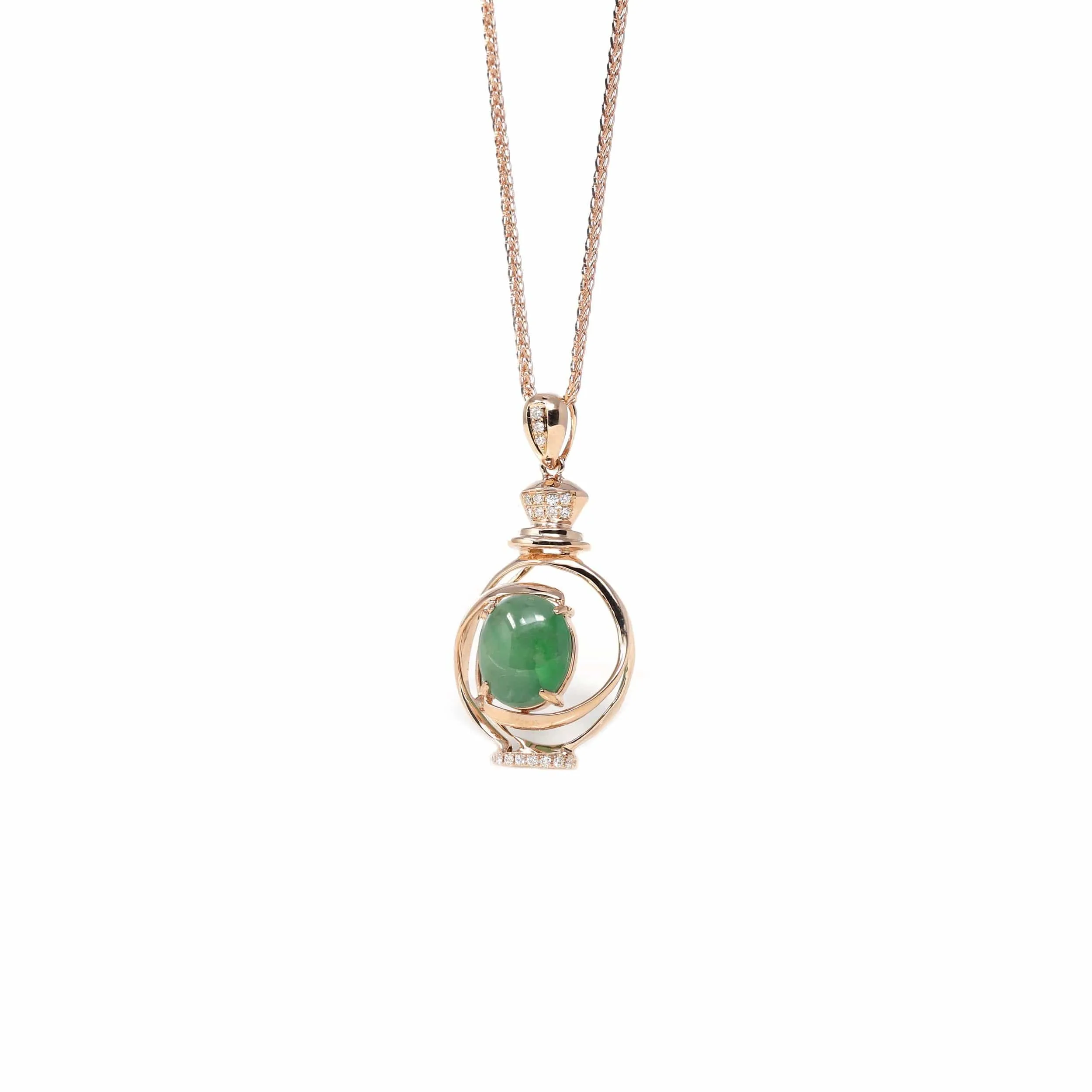 18K Rose Gold Oval Imperial Jadeite Jade Perfume Bottle Necklace with Diamonds