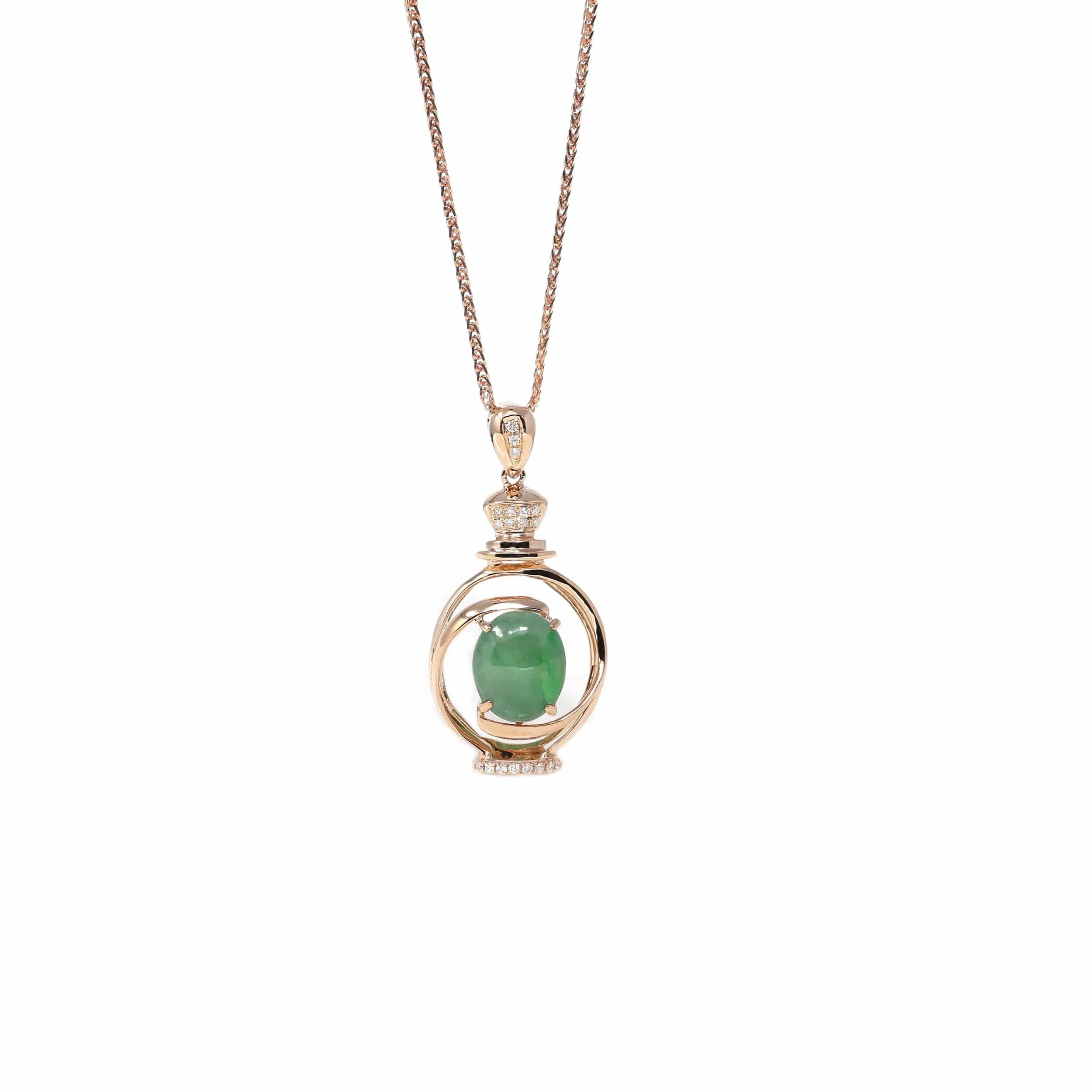 18K Rose Gold Oval Imperial Jadeite Jade Perfume Bottle Necklace with Diamonds