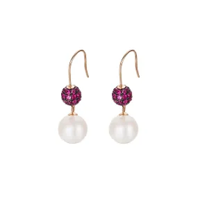 18K Solid Rose Gold White Freshwater Pearl Natural Ruby Tourmaline Diamond Drop Earrings