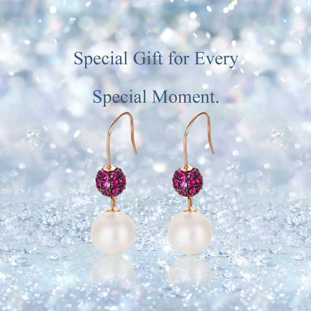 18K Solid Rose Gold White Freshwater Pearl Natural Ruby Tourmaline Diamond Drop Earrings