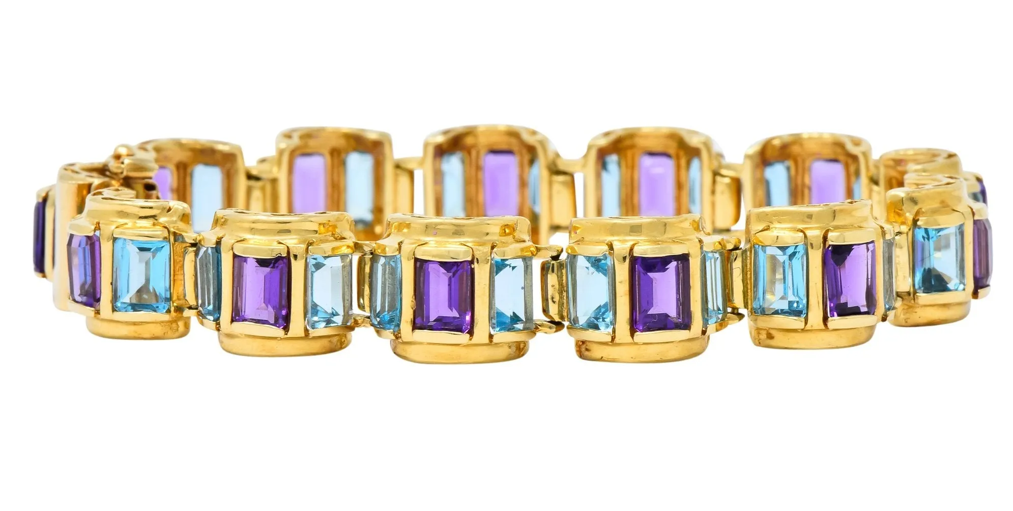 1990's Vintage Amethyst Blue Topaz 14 Karat Gold Link Bracelet