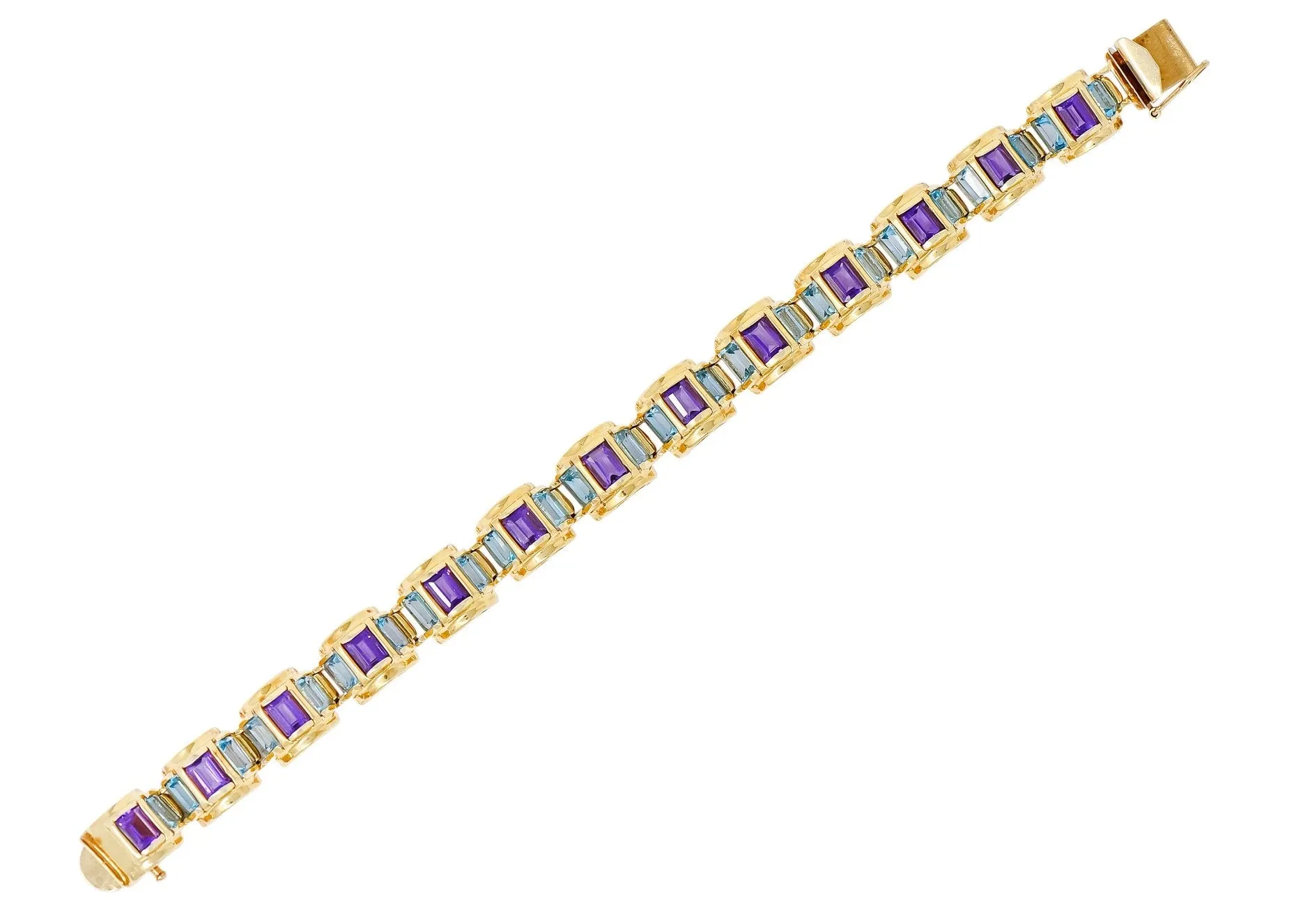 1990's Vintage Amethyst Blue Topaz 14 Karat Gold Link Bracelet