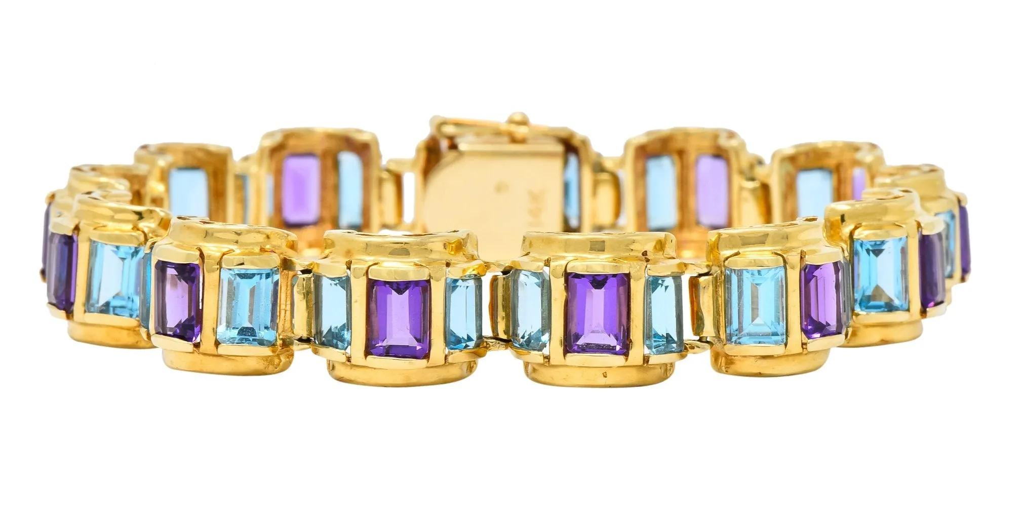 1990's Vintage Amethyst Blue Topaz 14 Karat Gold Link Bracelet