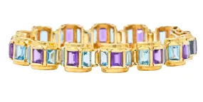 1990's Vintage Amethyst Blue Topaz 14 Karat Gold Link Bracelet