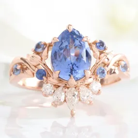 2.25 Ct Pear Aqua Blue Sapphire Ring in 14k Rose Gold Peacock Floral Leaf Diamond Size 6.75