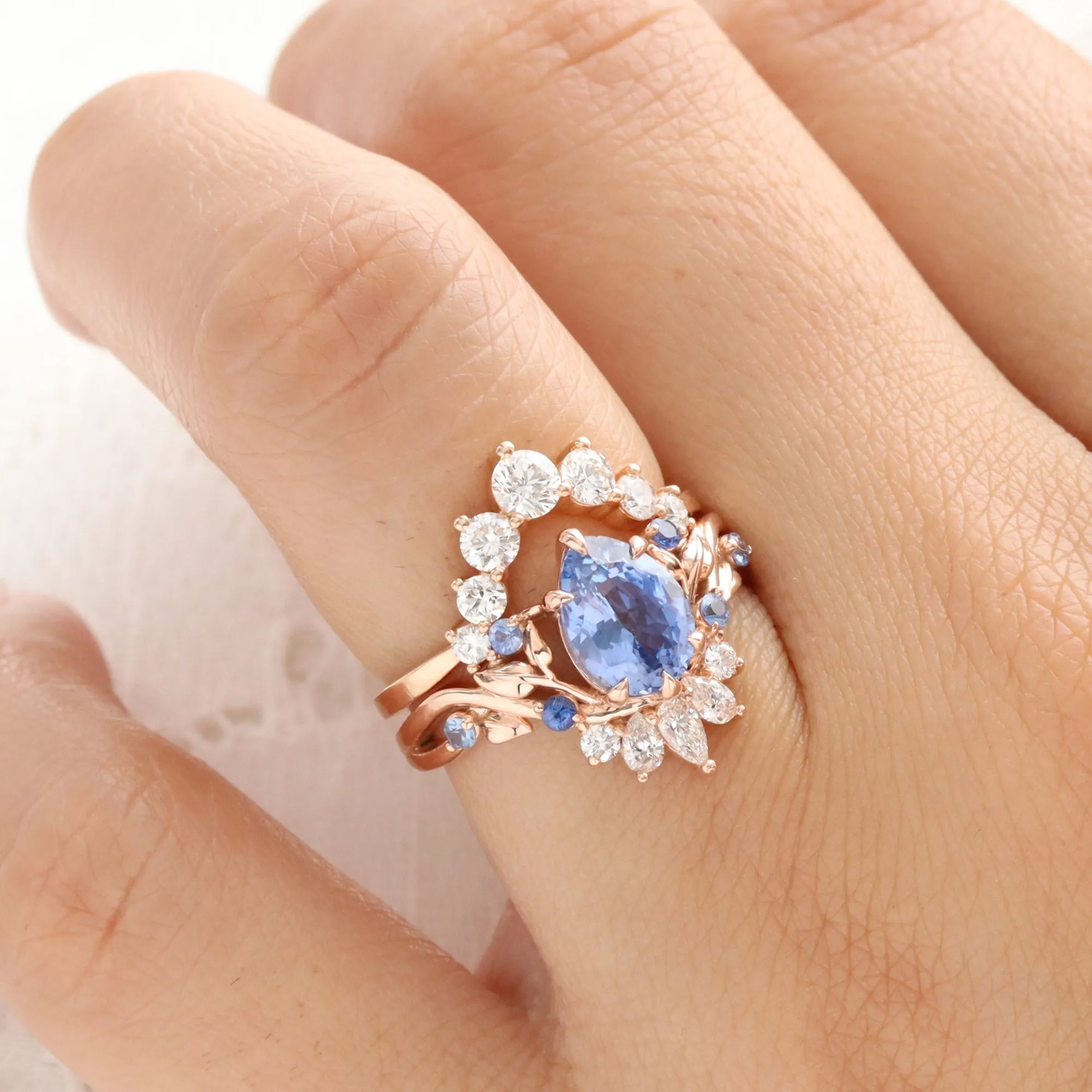 2.25 Ct Pear Aqua Blue Sapphire Ring in 14k Rose Gold Peacock Floral Leaf Diamond Size 6.75