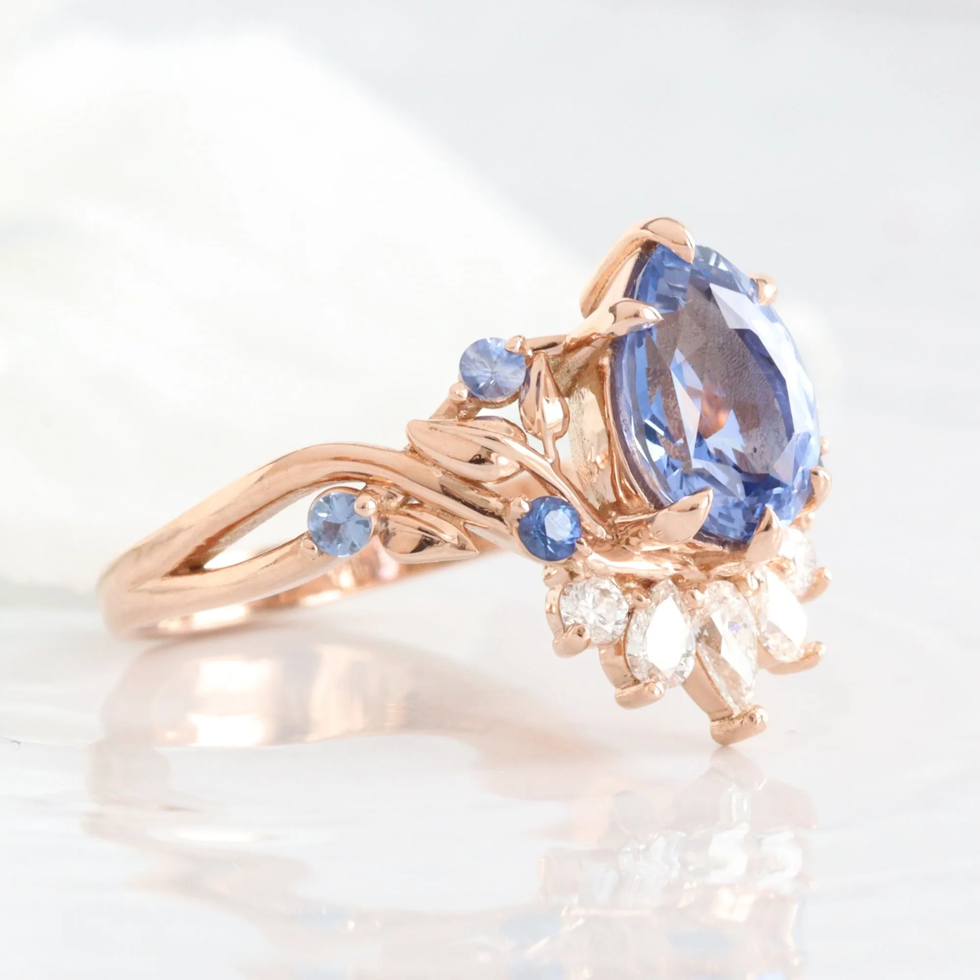 2.25 Ct Pear Aqua Blue Sapphire Ring in 14k Rose Gold Peacock Floral Leaf Diamond Size 6.75