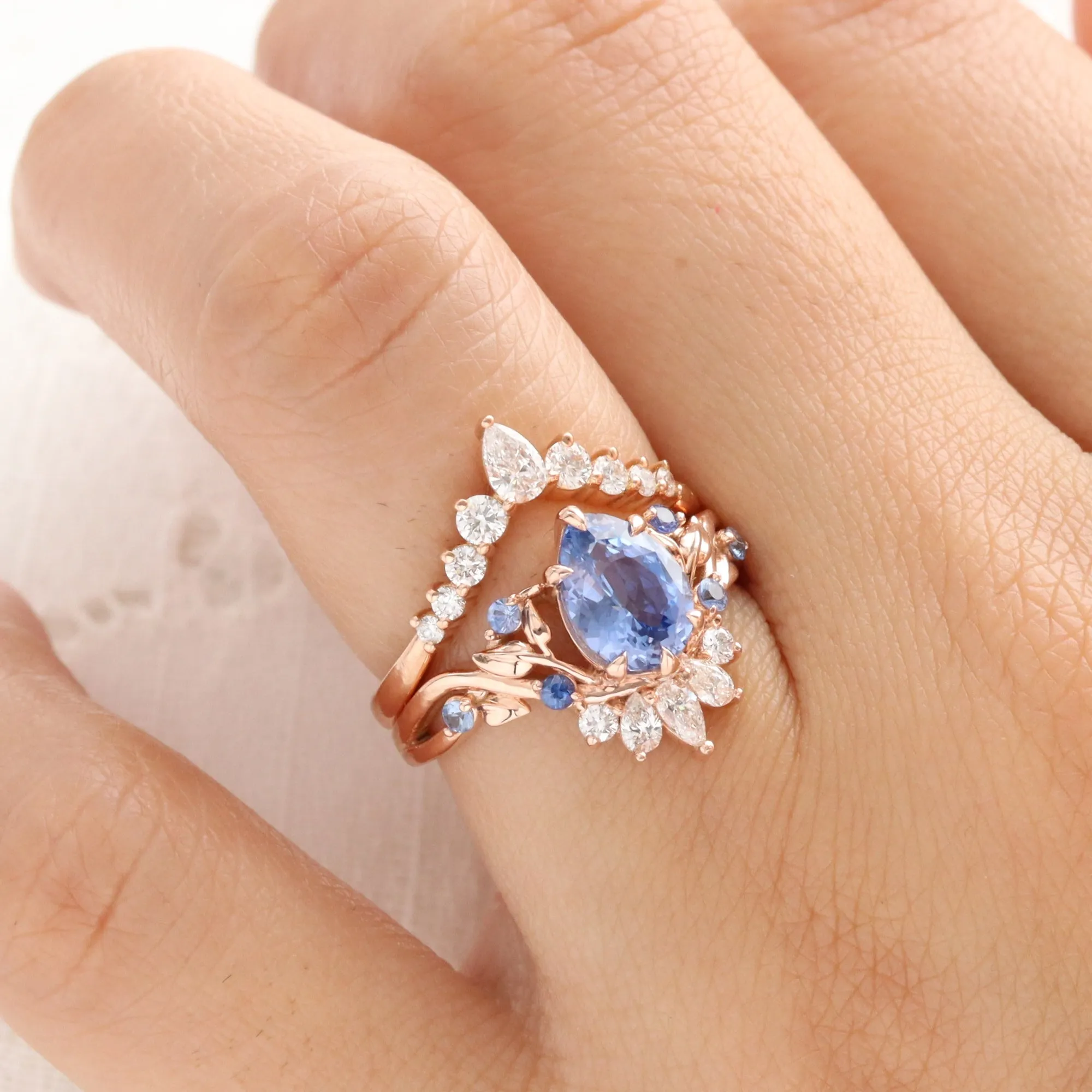 2.25 Ct Pear Aqua Blue Sapphire Ring in 14k Rose Gold Peacock Floral Leaf Diamond Size 6.75