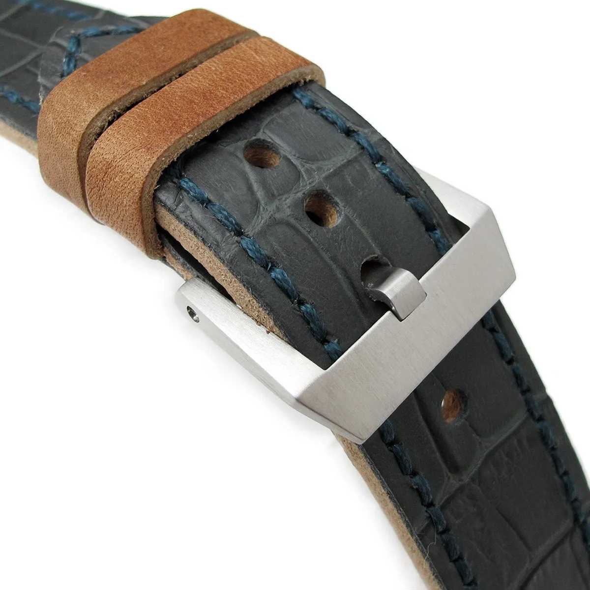 24mm MiLTAT Antipode Watch Strap Dark Grey CrocoCalf in Lake Blue Hand Stitches