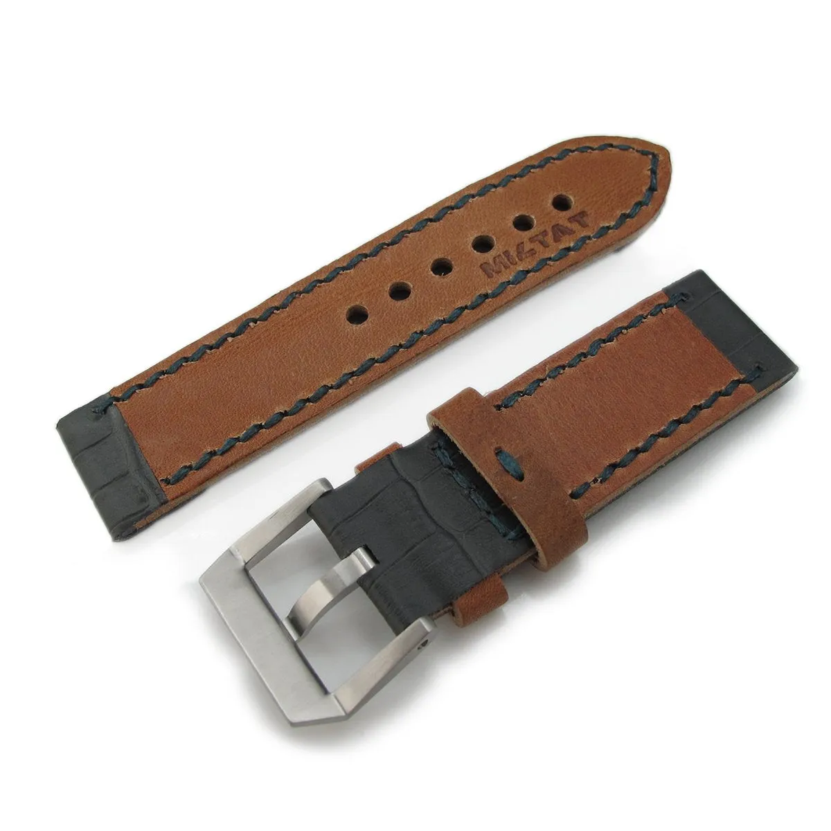 24mm MiLTAT Antipode Watch Strap Dark Grey CrocoCalf in Lake Blue Hand Stitches