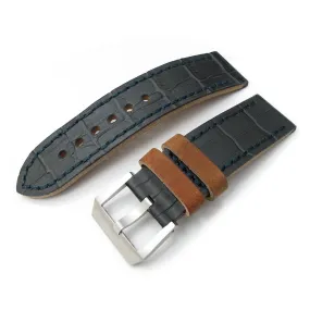 24mm MiLTAT Antipode Watch Strap Dark Grey CrocoCalf in Lake Blue Hand Stitches