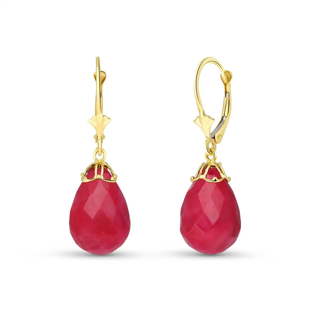 29.6 Carat 14K Solid Yellow Gold Leverback Earrings Briolette Ruby