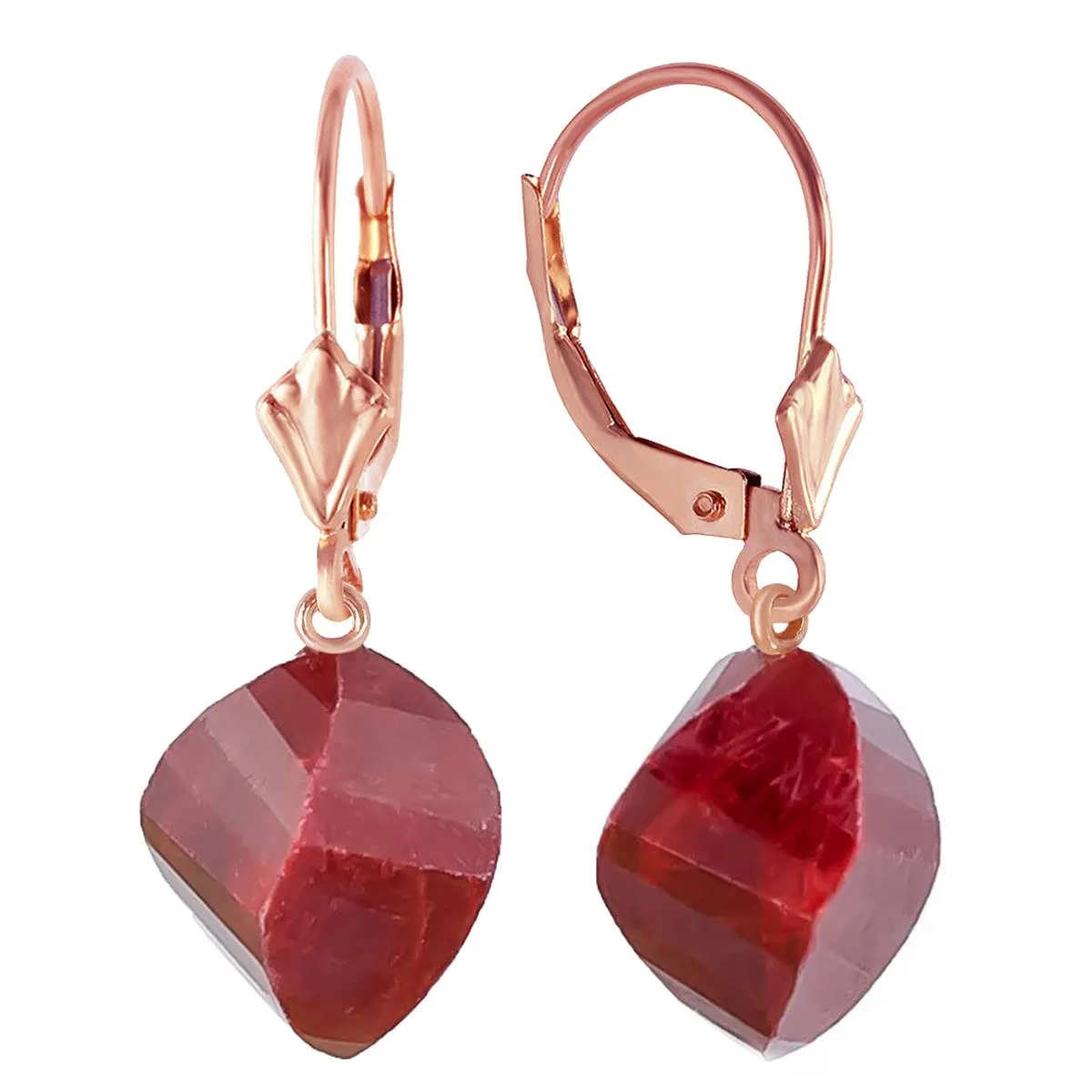 30.5 Carat 14K Solid Rose Gold Leverback Earrings Twisted Briolette Ruby