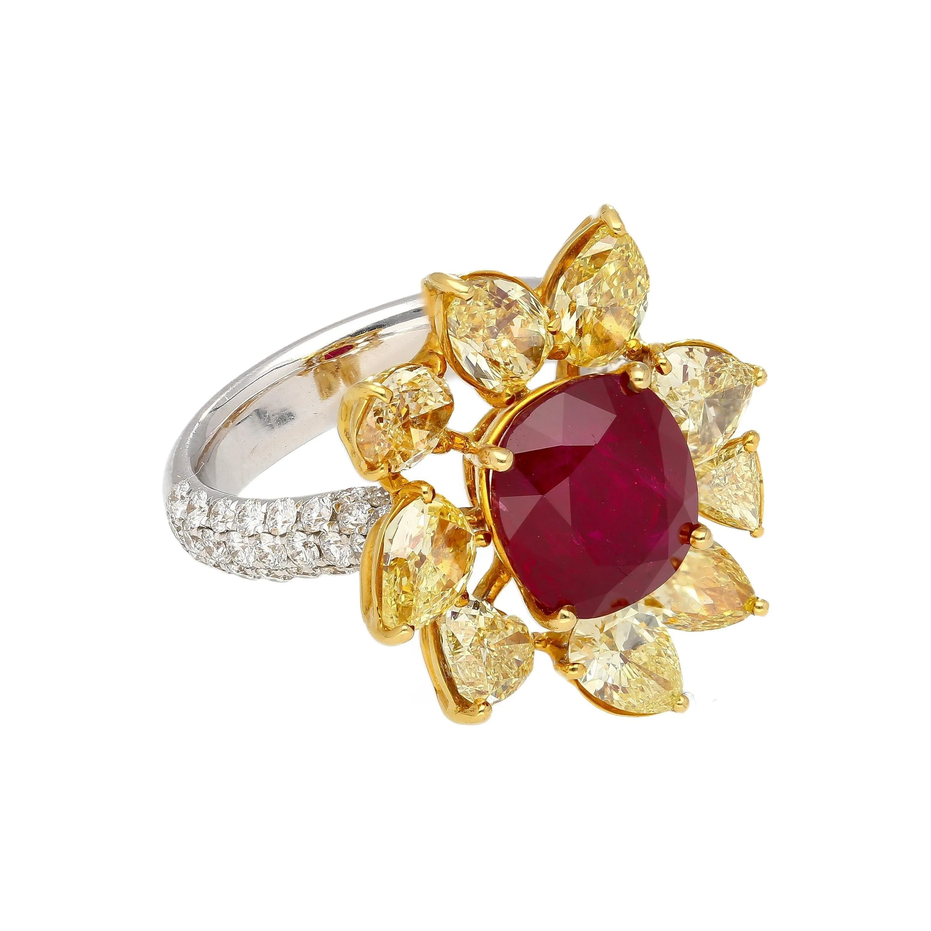 5.46 Carat Burma Ruby No Heat AGL Certified and Fancy Yellow Diamond Ring