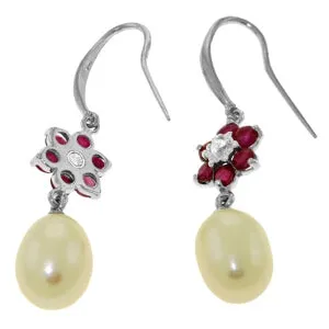 9.01 Carat 14K Solid White Gold Fish Hook Earrings Diamond, Ruby Pearl