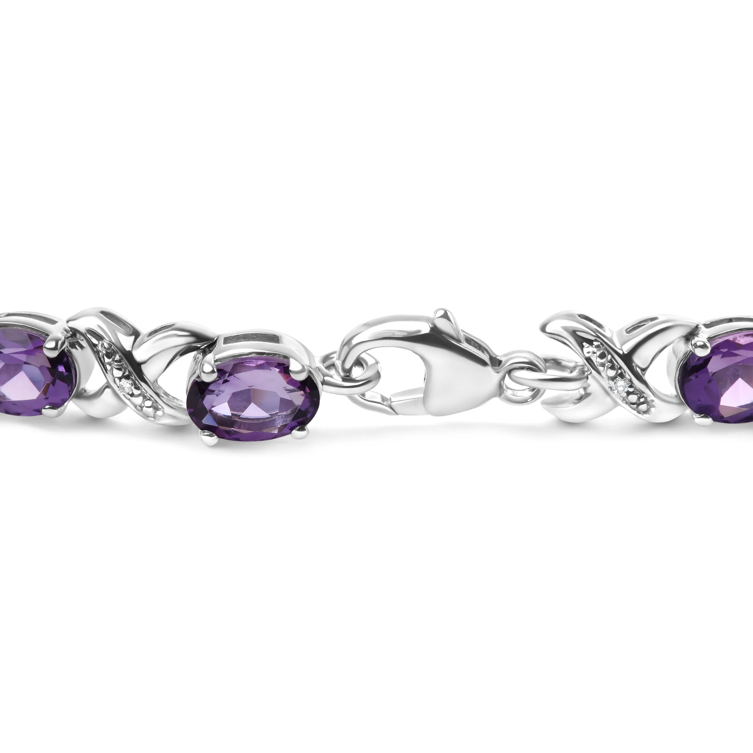 .925 Sterling Silver 7x5mm Oval Amethyst and Diamond Accent X-Link Bracelet