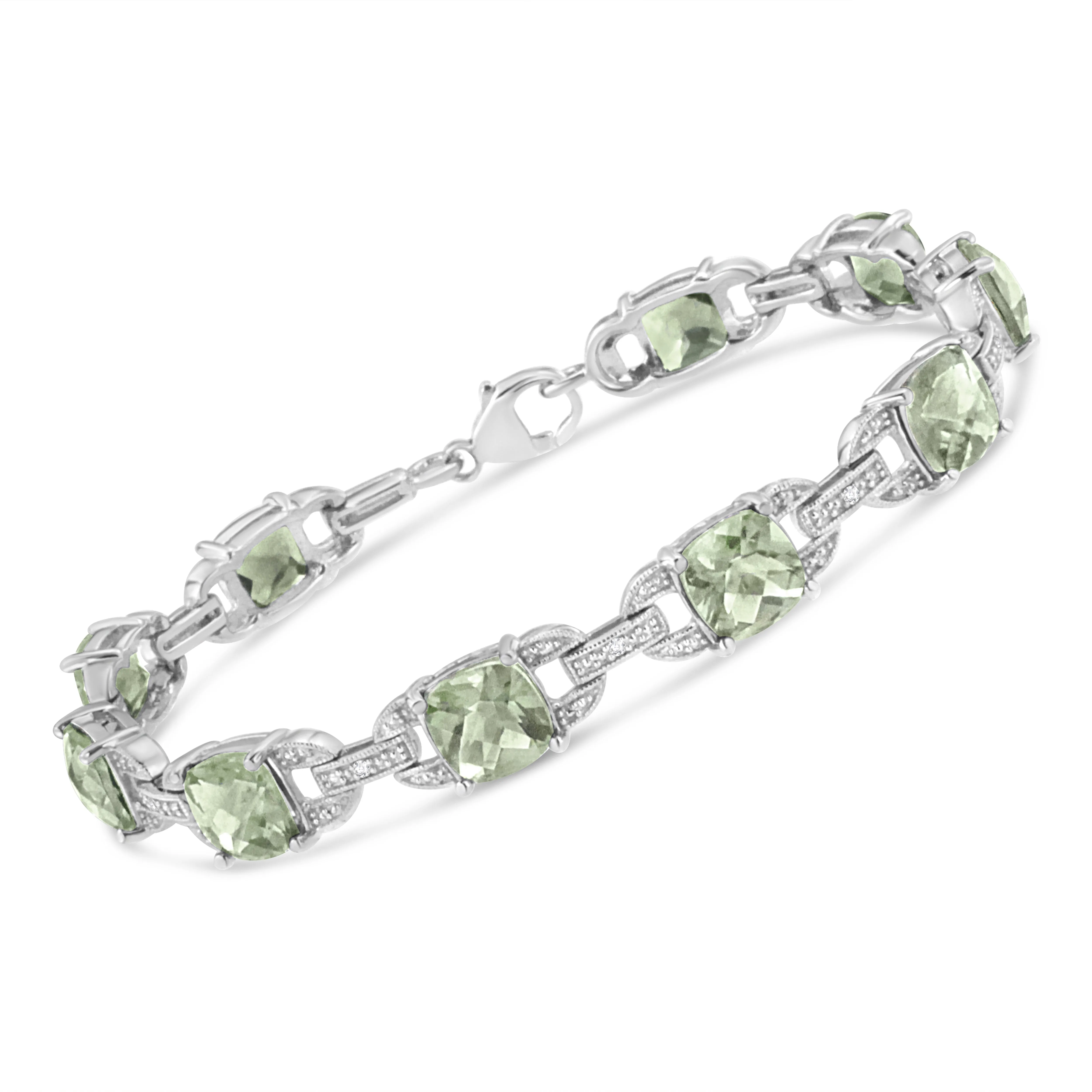 .925 Sterling Silver 7x7 mm Cushion Cut Green Amethyst and 1/20 cttw Round Cut Diamond Fashion Tennis Bracelet