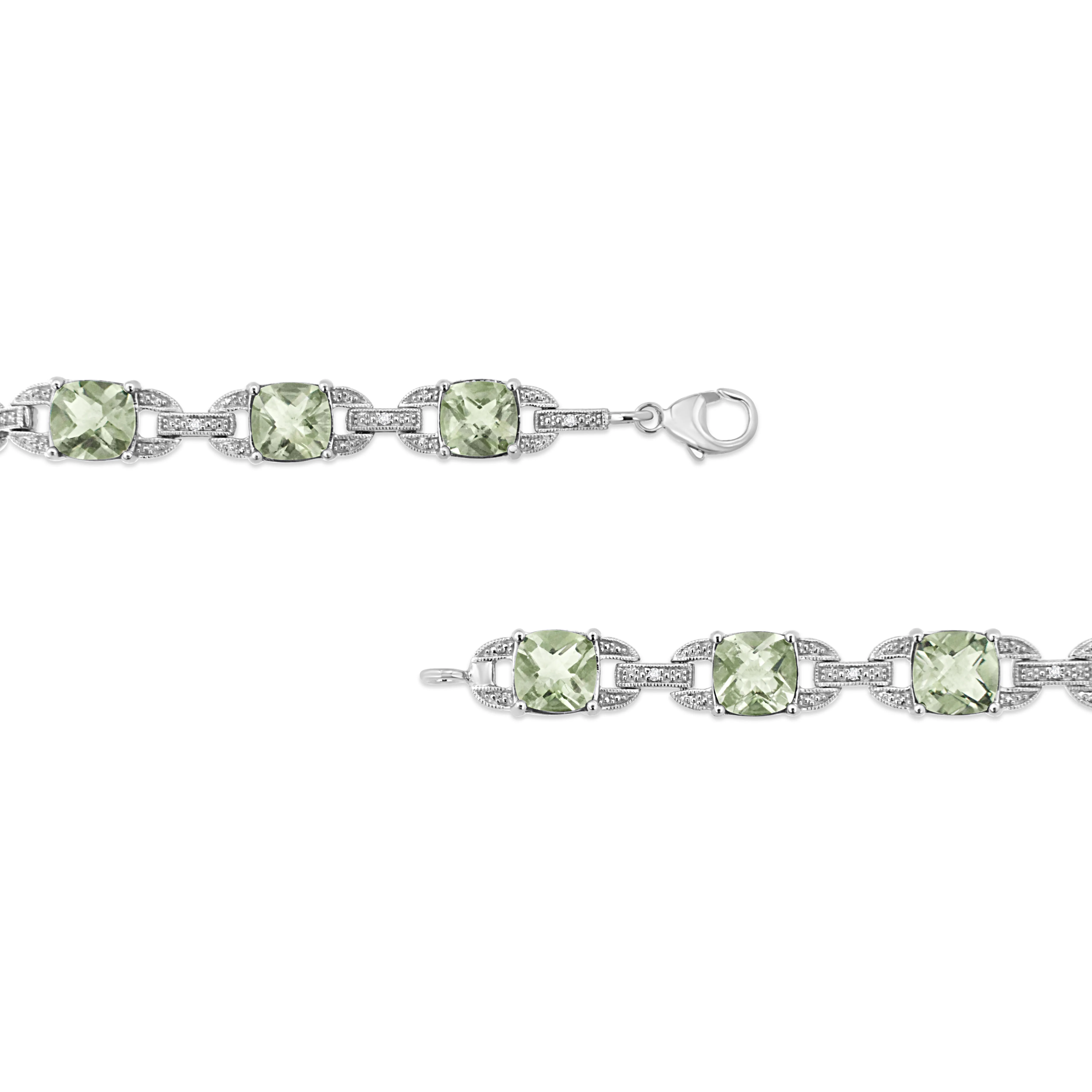 .925 Sterling Silver 7x7 mm Cushion Cut Green Amethyst and 1/20 cttw Round Cut Diamond Fashion Tennis Bracelet